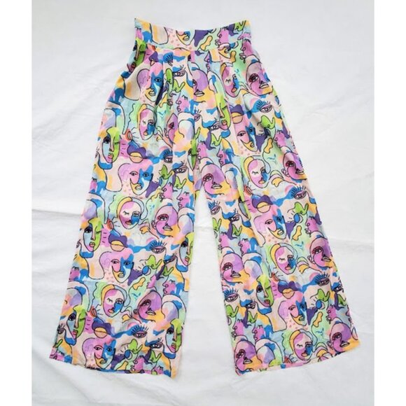 Lightweight Abstract Pleated High-waist Wide Leg Palazzo Pants O.VIANCA Size S - Picture 1 of 12